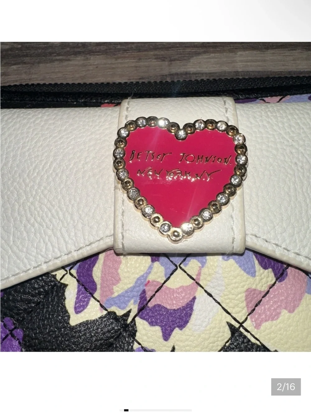 Betsey Johnson White Quilted Wallet with Pink Heart and Multicolor Floral